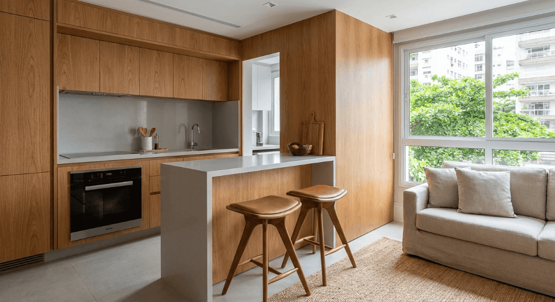 Cozinha integrada moderna no Garcya Praia Studios em Ipanema