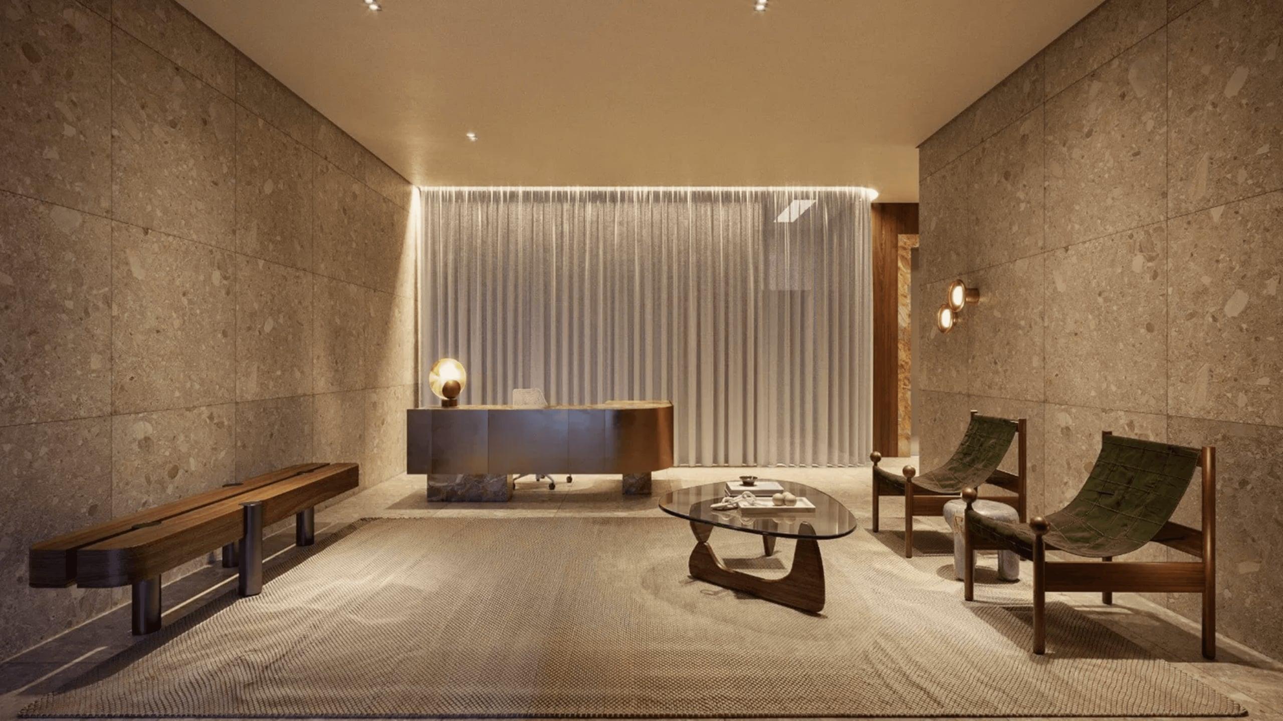 Hall sofisticado do Garcya Praia Studios em Ipanema Rio de Janeiro